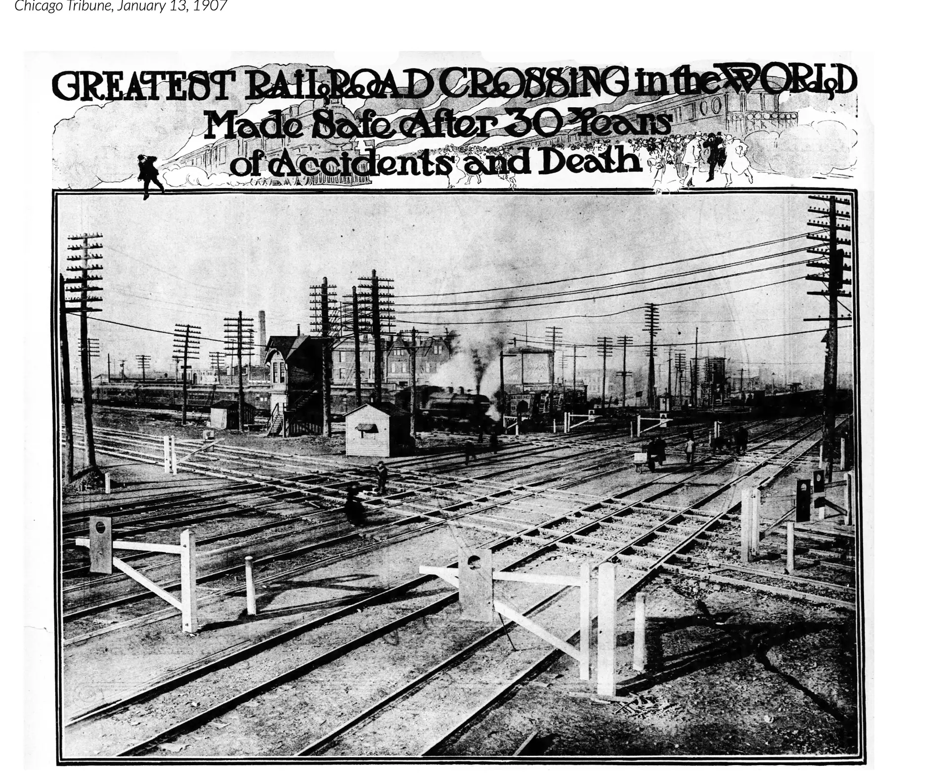 A railroad yard with crisscrossing tracks, wire poles, a train, and workers.