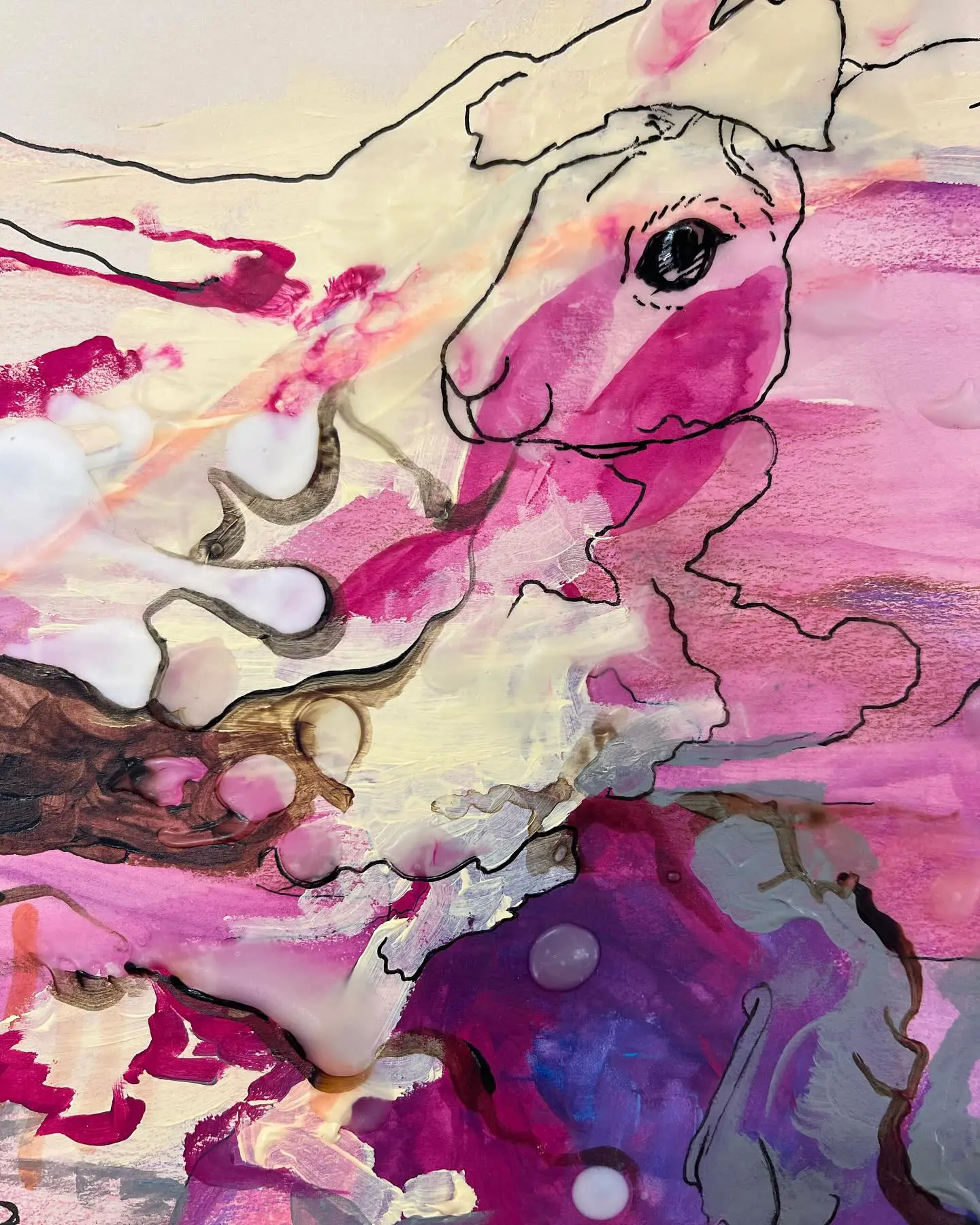 Line drawing of the head of a rabbit shown from the side with a prominent eye. Background is a swirl of colors: pink, fuchsia, white, purple, and brown.