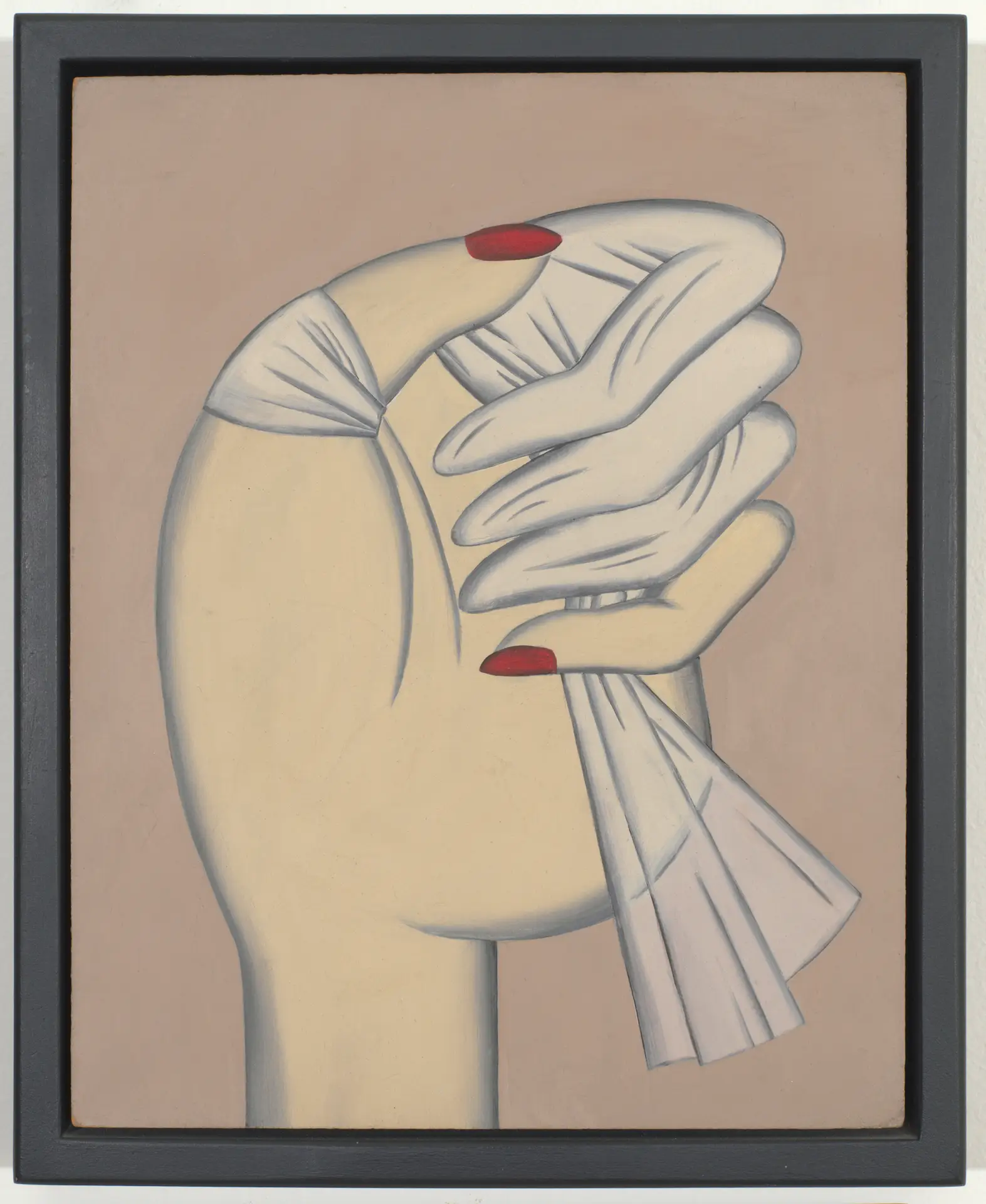 Image of a hand with two red fingernails holding a transparent piece of fabric.